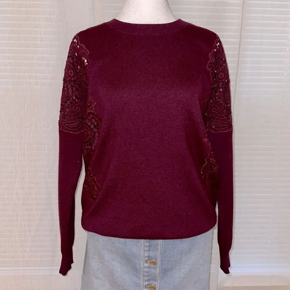 Ted Baker 3 M Tae Burgundy Scoop Neck Merino Wool Shoulder Lace KnitโSweater - Picture 2 of 15